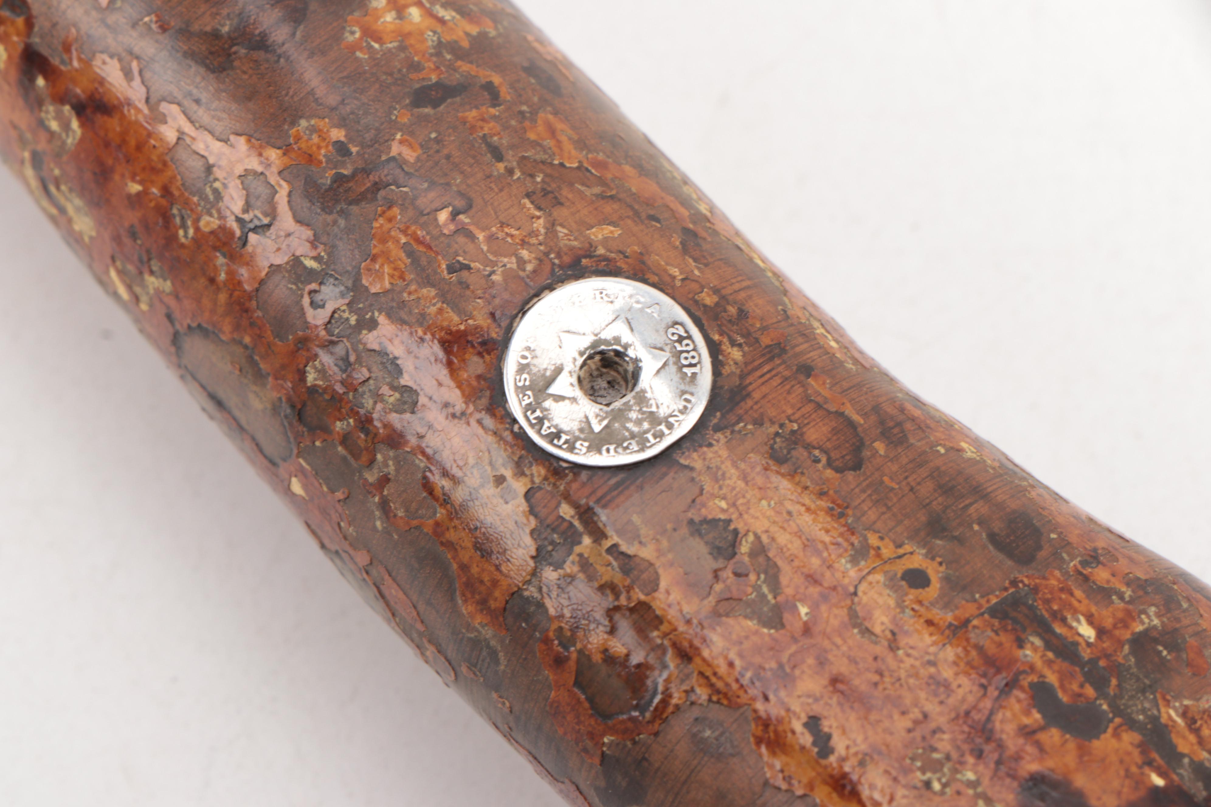 Thorn Wood Walking Stick with Inlaid 1852 US Three Cent Coins