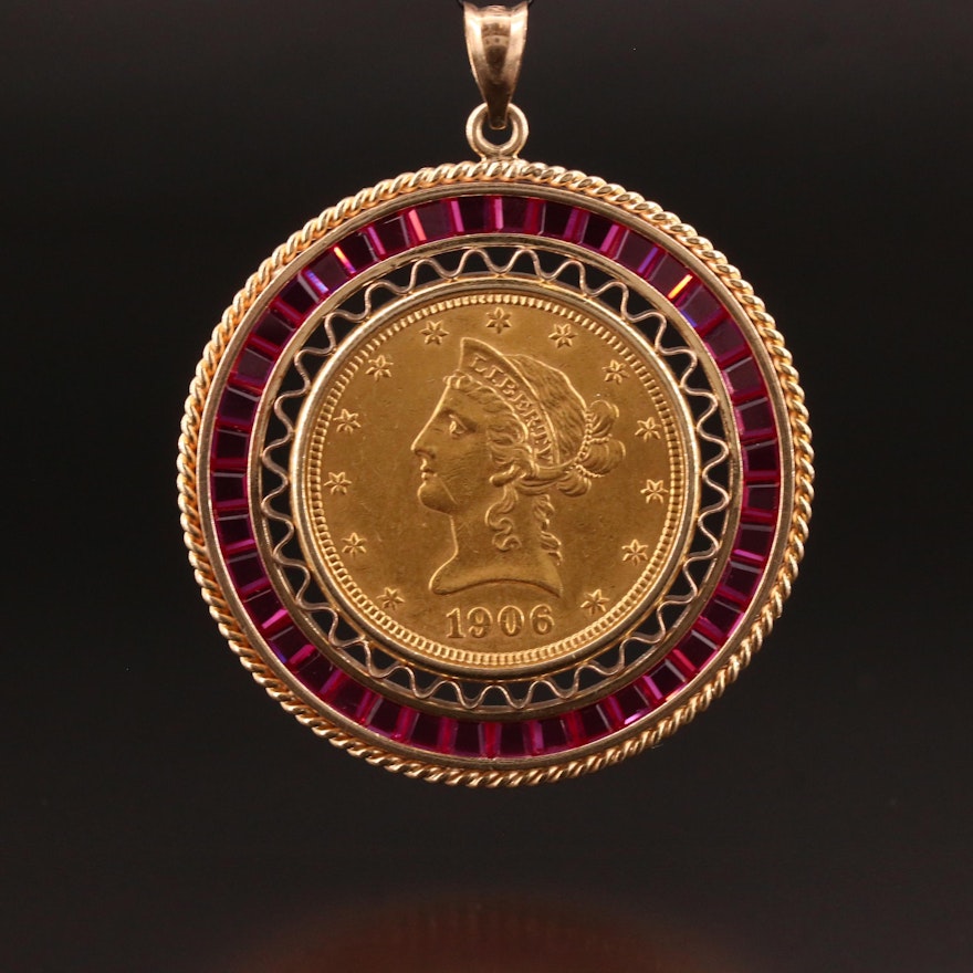 1906-D Liberty Head Gold Eagle Coin Pendant with 14K Frame and Ruby Accents