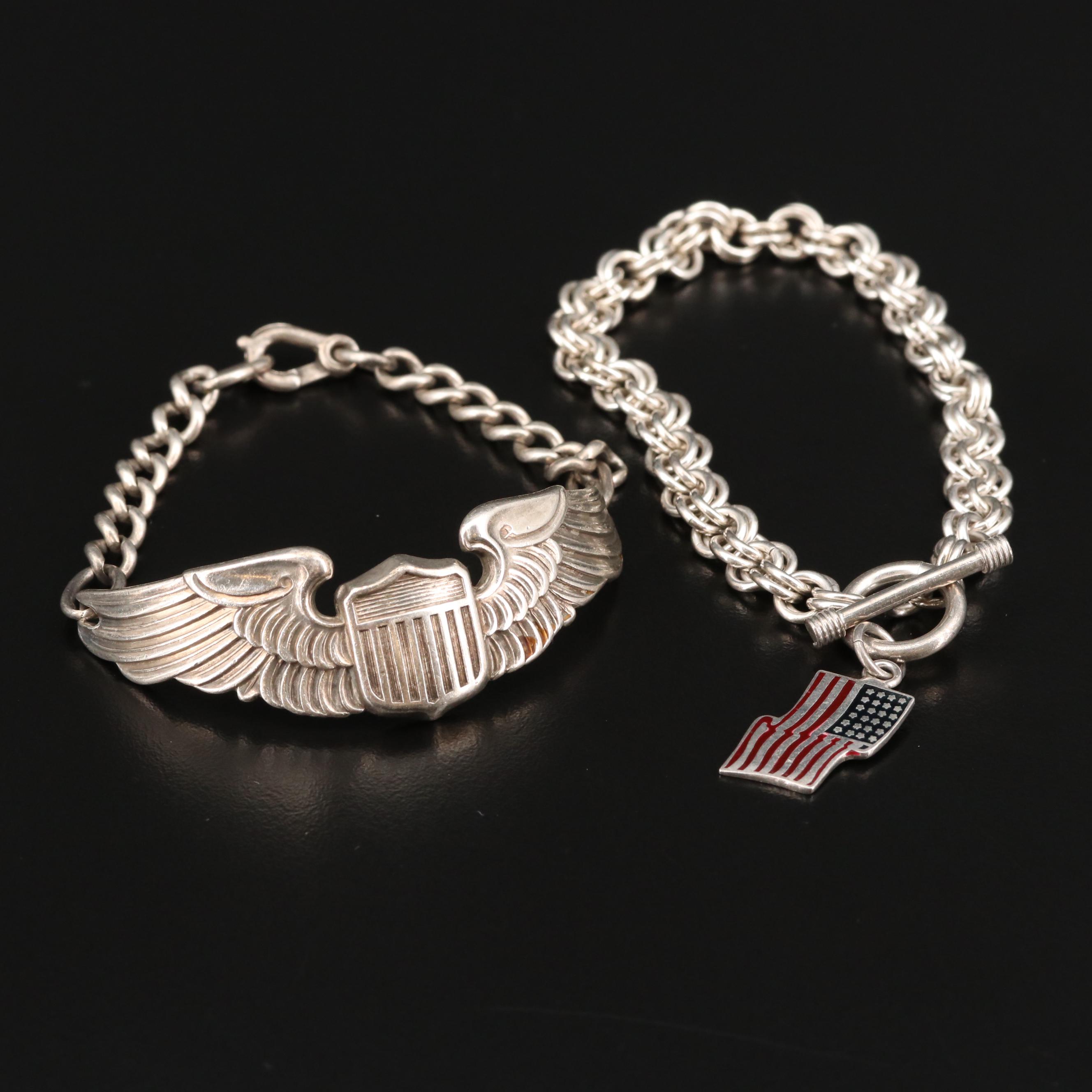 WW II U.S. Army Air Force Pilot and Double Rolo Link U.S. Flag Charm Bracelet