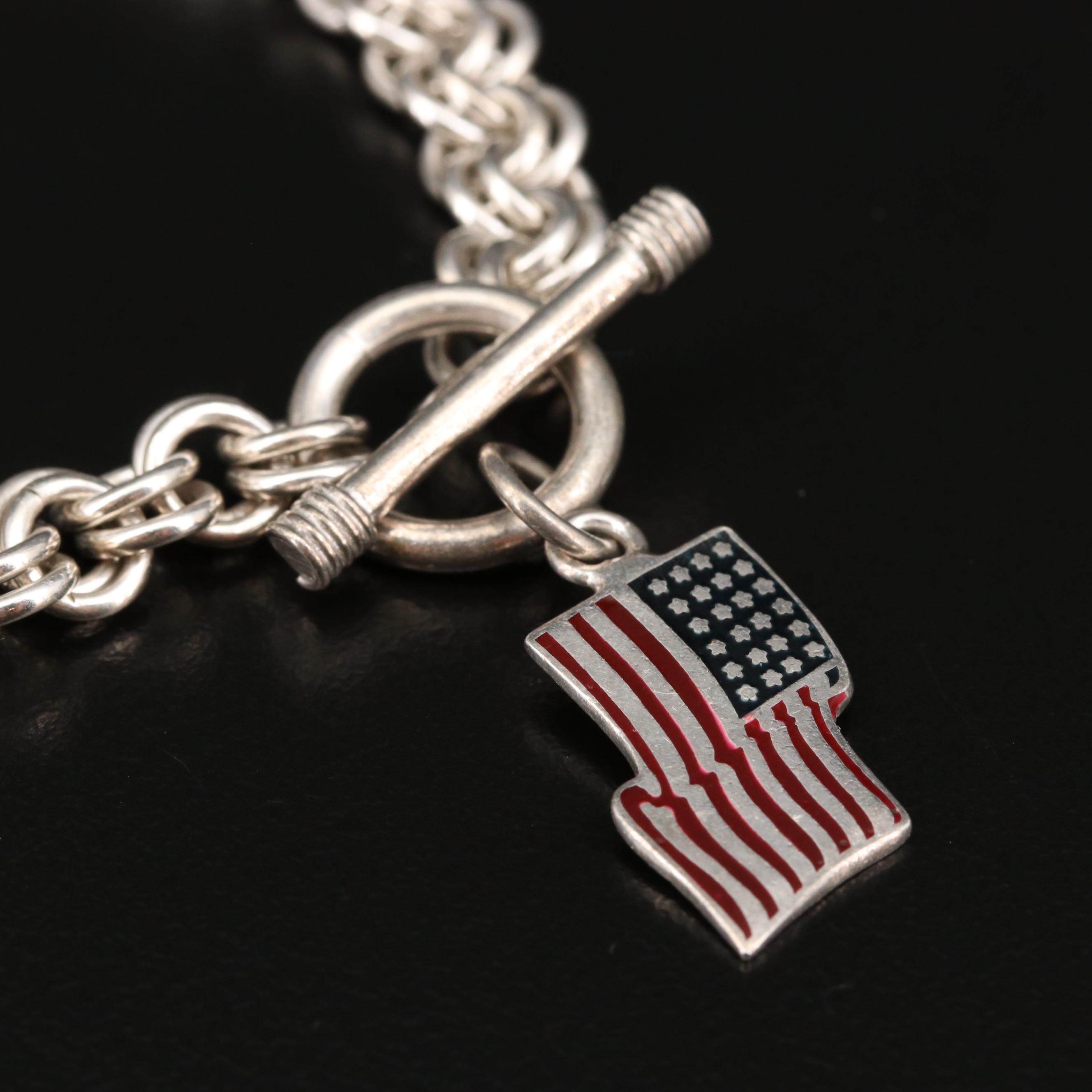 WW II U.S. Army Air Force Pilot and Double Rolo Link U.S. Flag Charm Bracelet