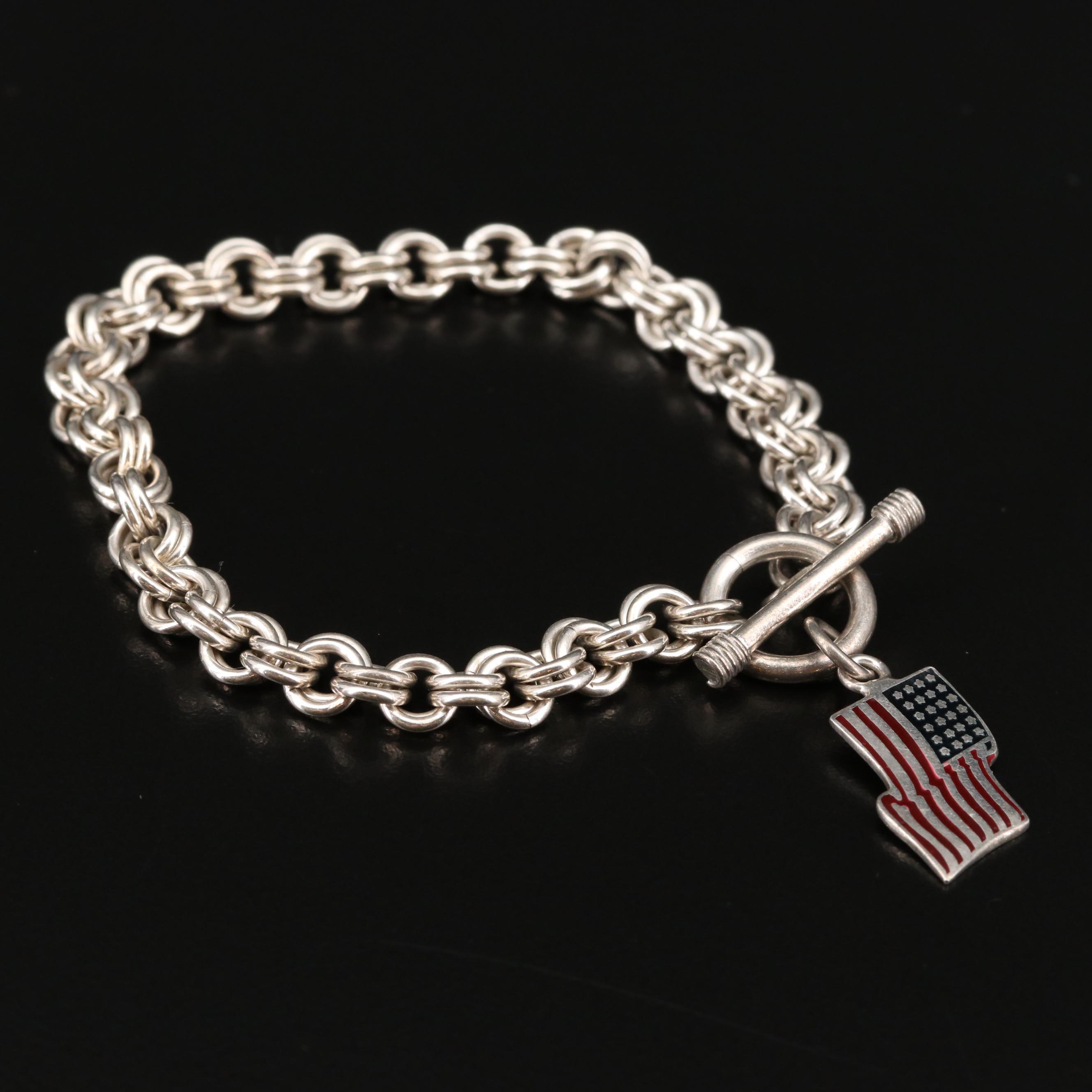 WW II U.S. Army Air Force Pilot and Double Rolo Link U.S. Flag Charm Bracelet