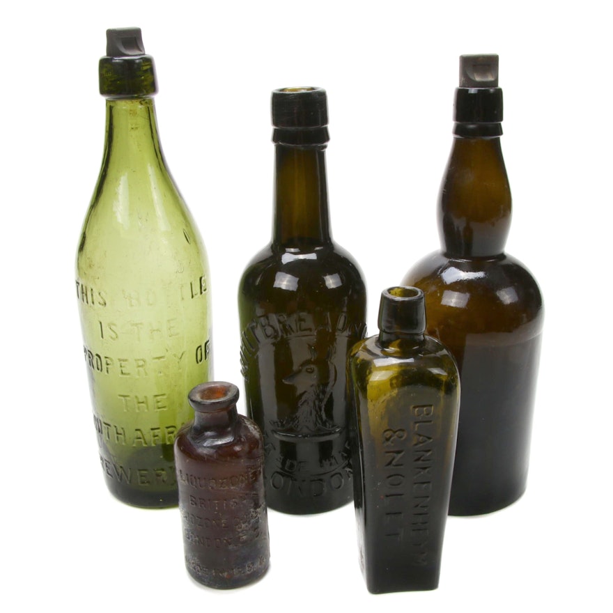 Antique Avocado Green and Amber Spirit Bottles and More