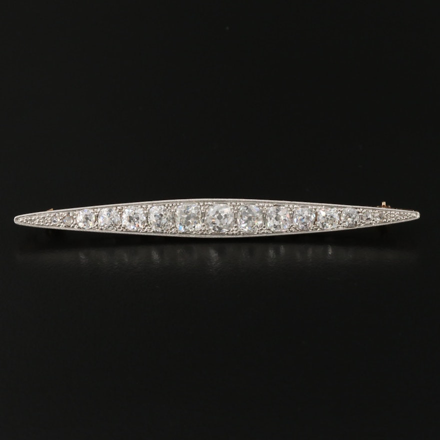 Edwardian 14K Gold 4.05 CTW Diamond Bar Brooch with Platinum Accent