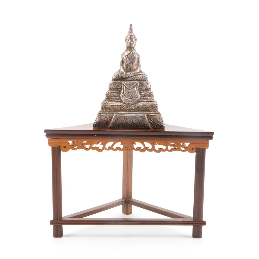 Tibetian Buddha Metal Figural on Miniature Wooden Dias, Late 20th Century