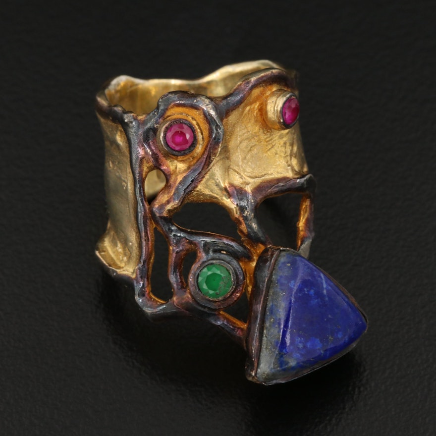 Brutalist Style Sterling Lapis Lazuli, Ruby and Emerald Ring