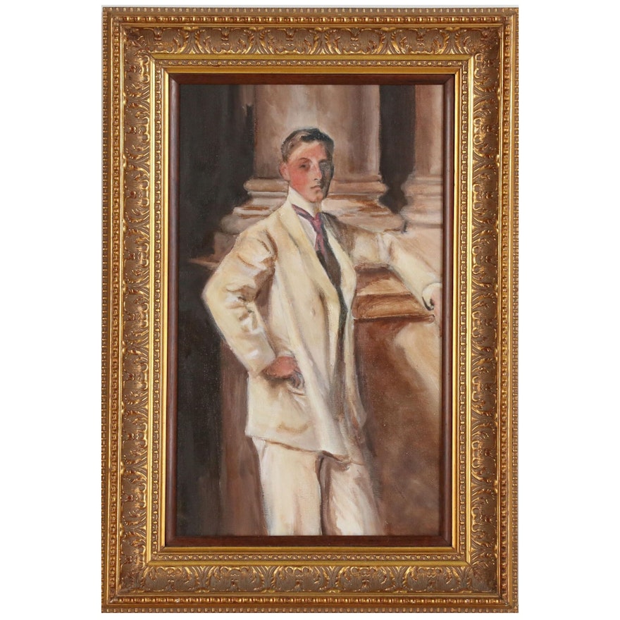 Portrait Oil Painting of Young Man in White Suit