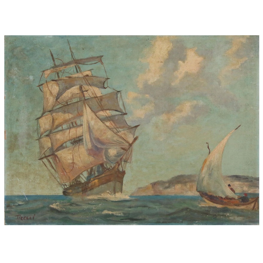 Nautical Oil Painting of Clipper Ship, 20th Century