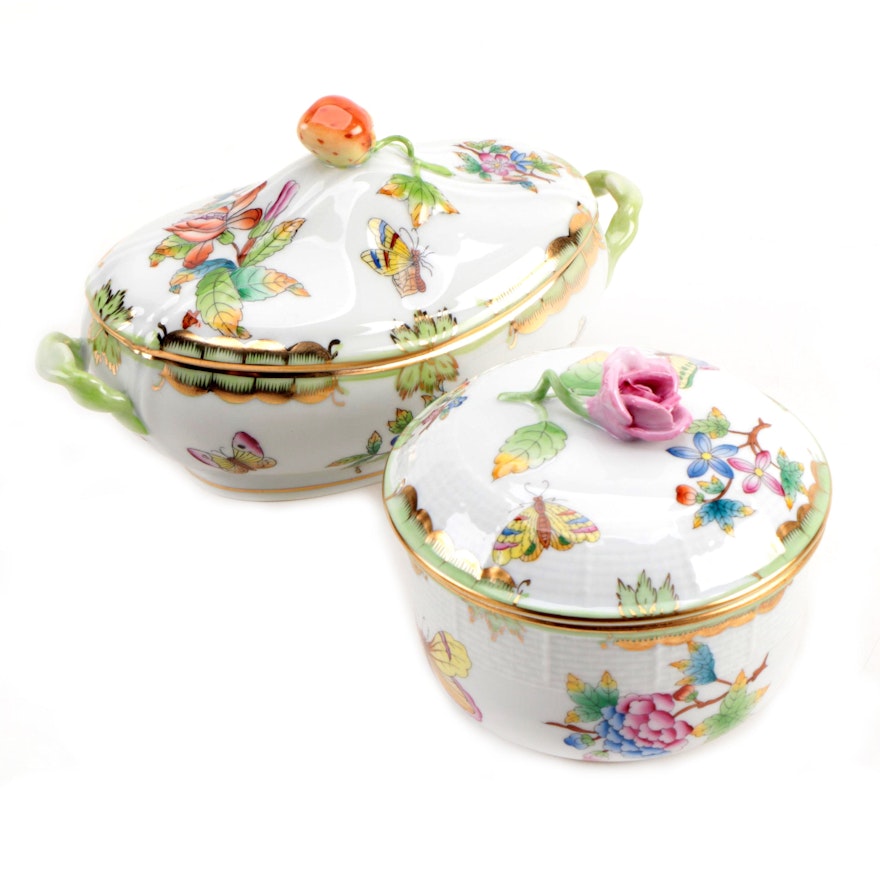 Herend "Queen Victoria" Porcelain Candy Box and Sugar Bowl