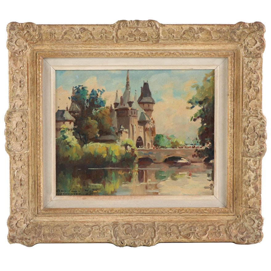 Oil Painting of a European Castle, Mid-20th Century