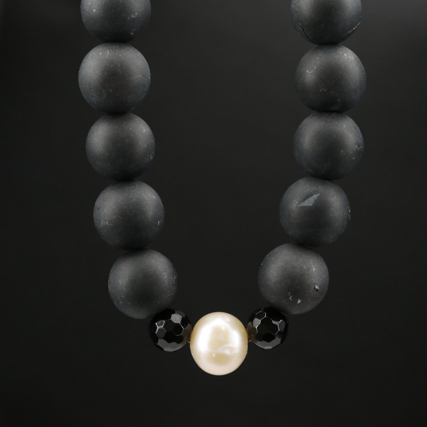 Black Onyx and Pearl Necklace with 14K Clasp