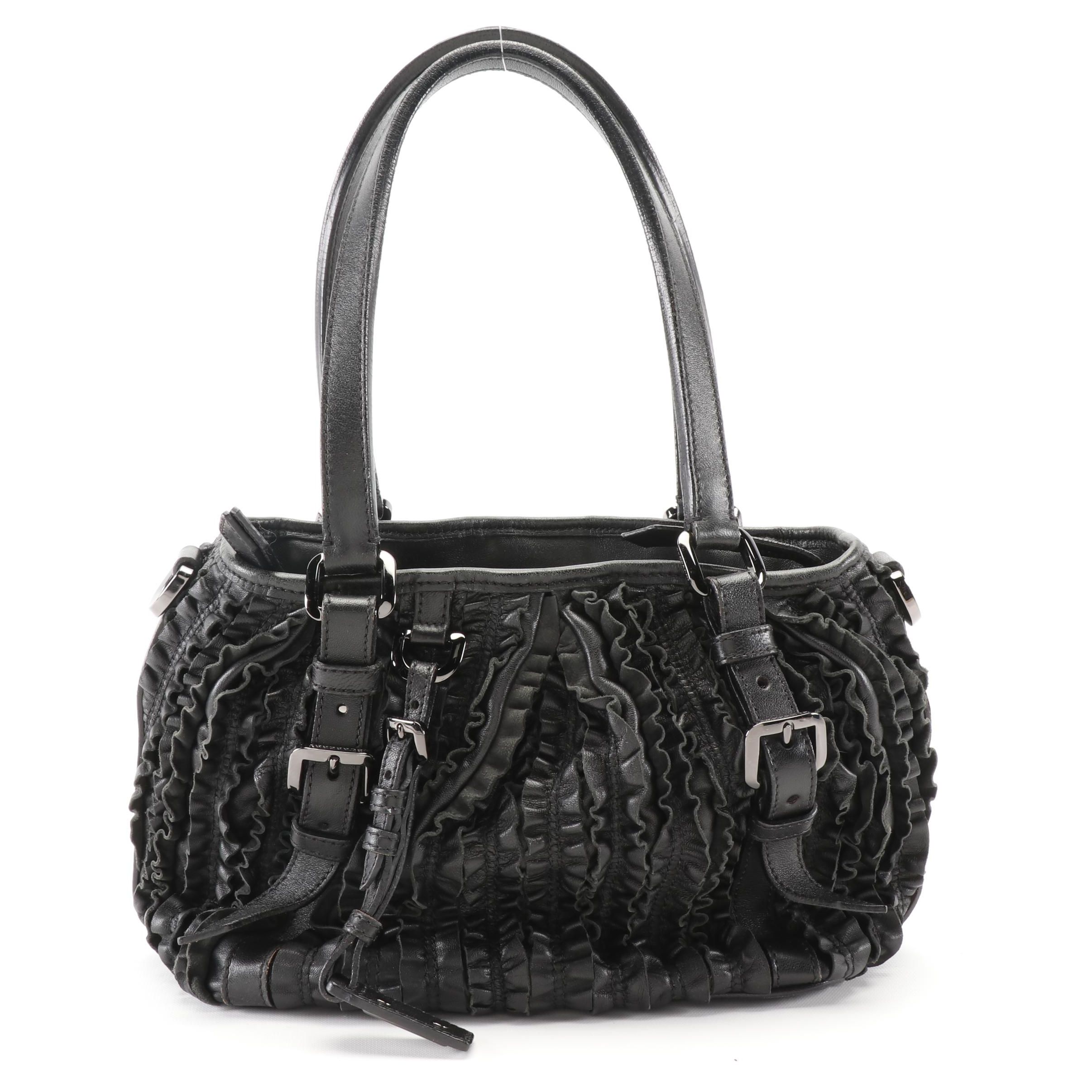 Burberry Lowry Black Ruffled Leather Shoulder Bag with Detachable Strap