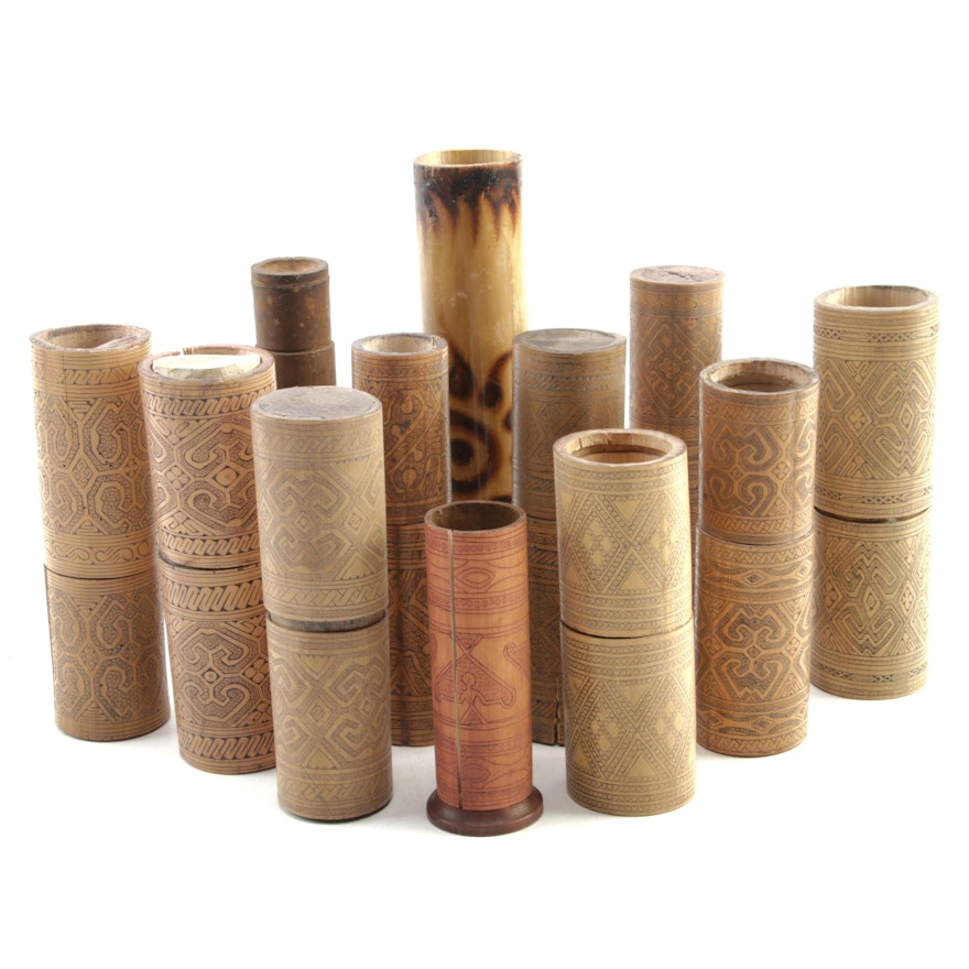 Indonesian Engraved Bamboo Betel Lime Containers