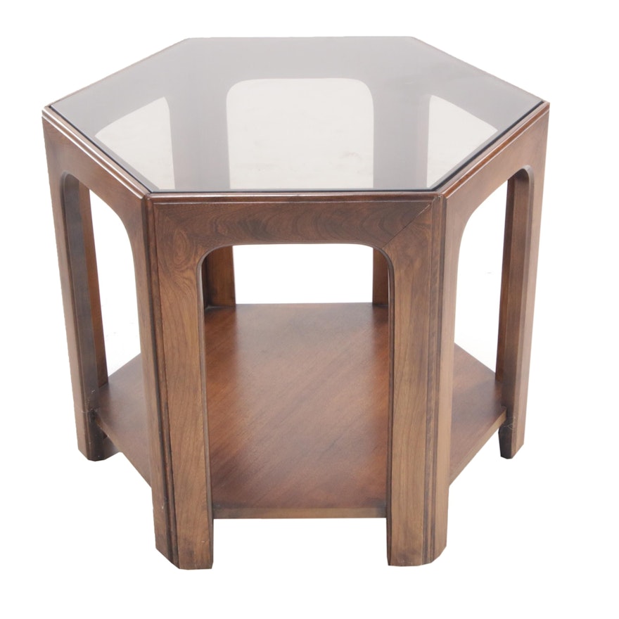 Mid Century Modern Hexagonal Walnut End Table with Tinted Glass