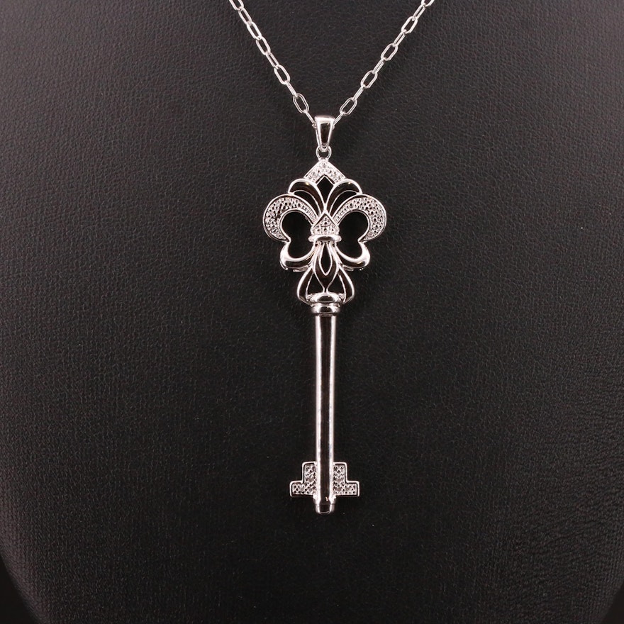 Sterling Silver Key Pendant Necklace with Diamond Accent