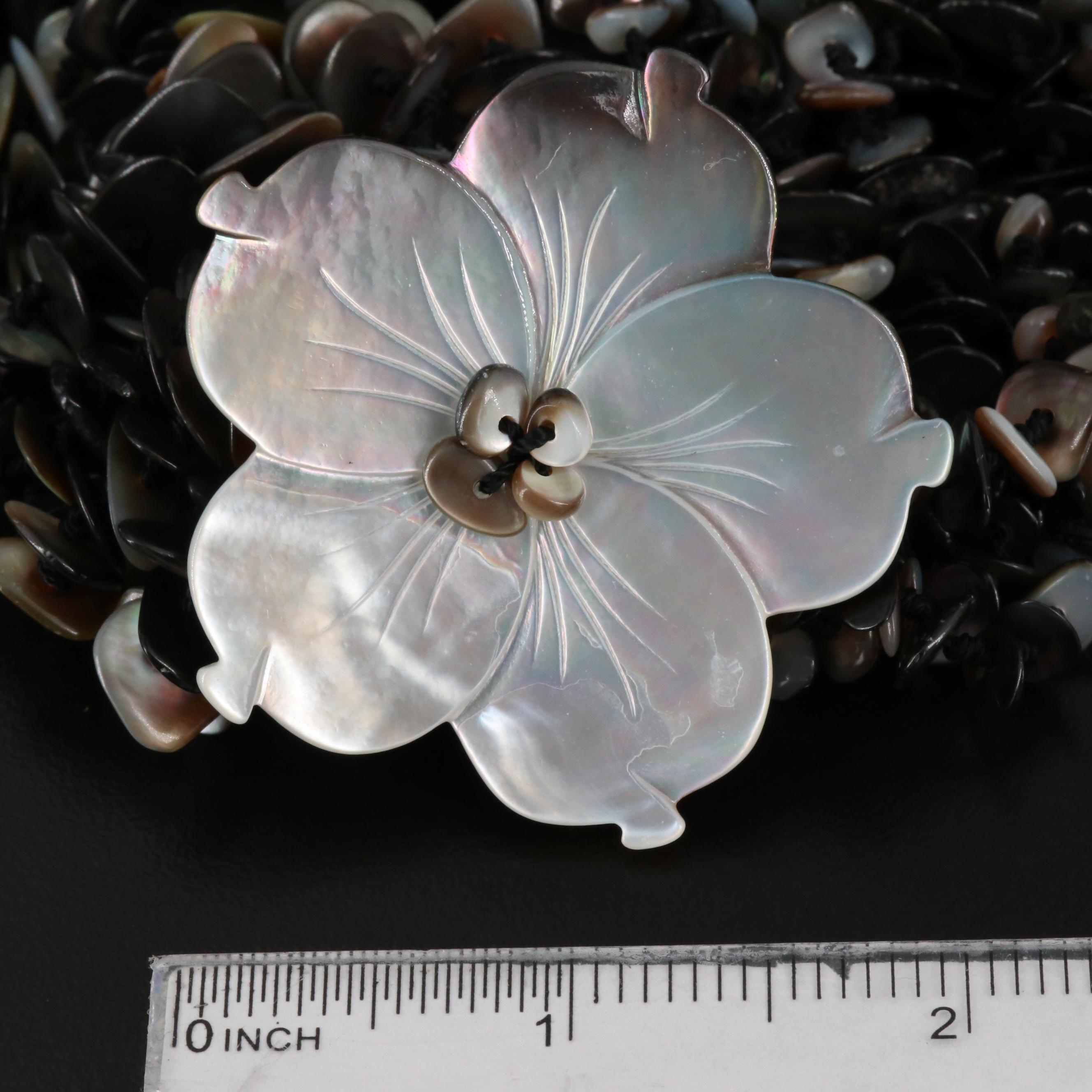 Multi-Strand Shell and Etched Mother Of Pearl Floral Motif Necklace