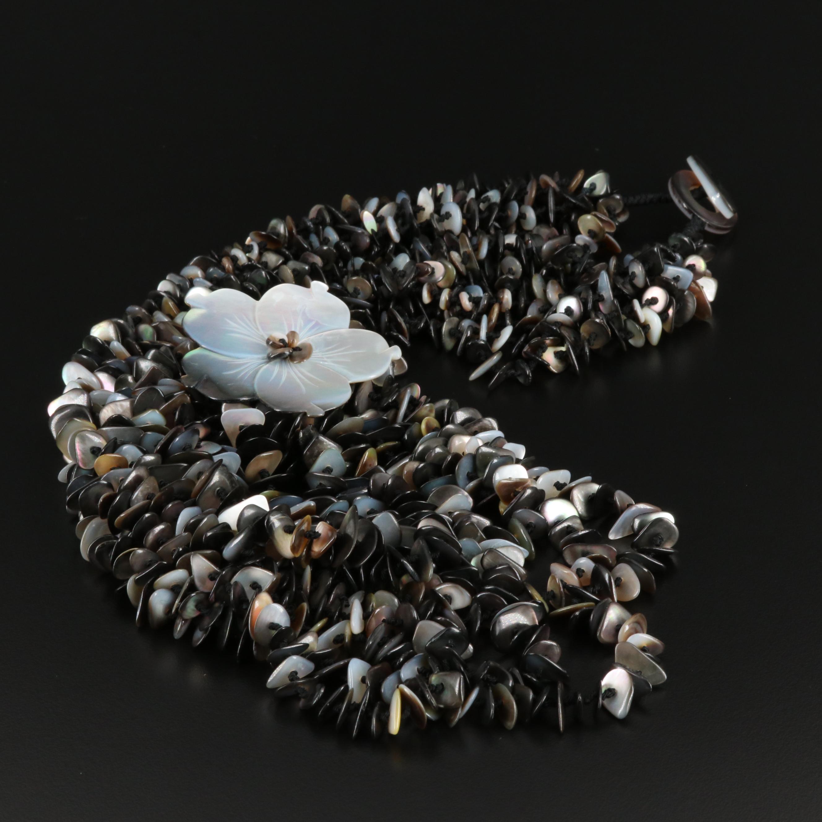 Multi-Strand Shell and Etched Mother Of Pearl Floral Motif Necklace