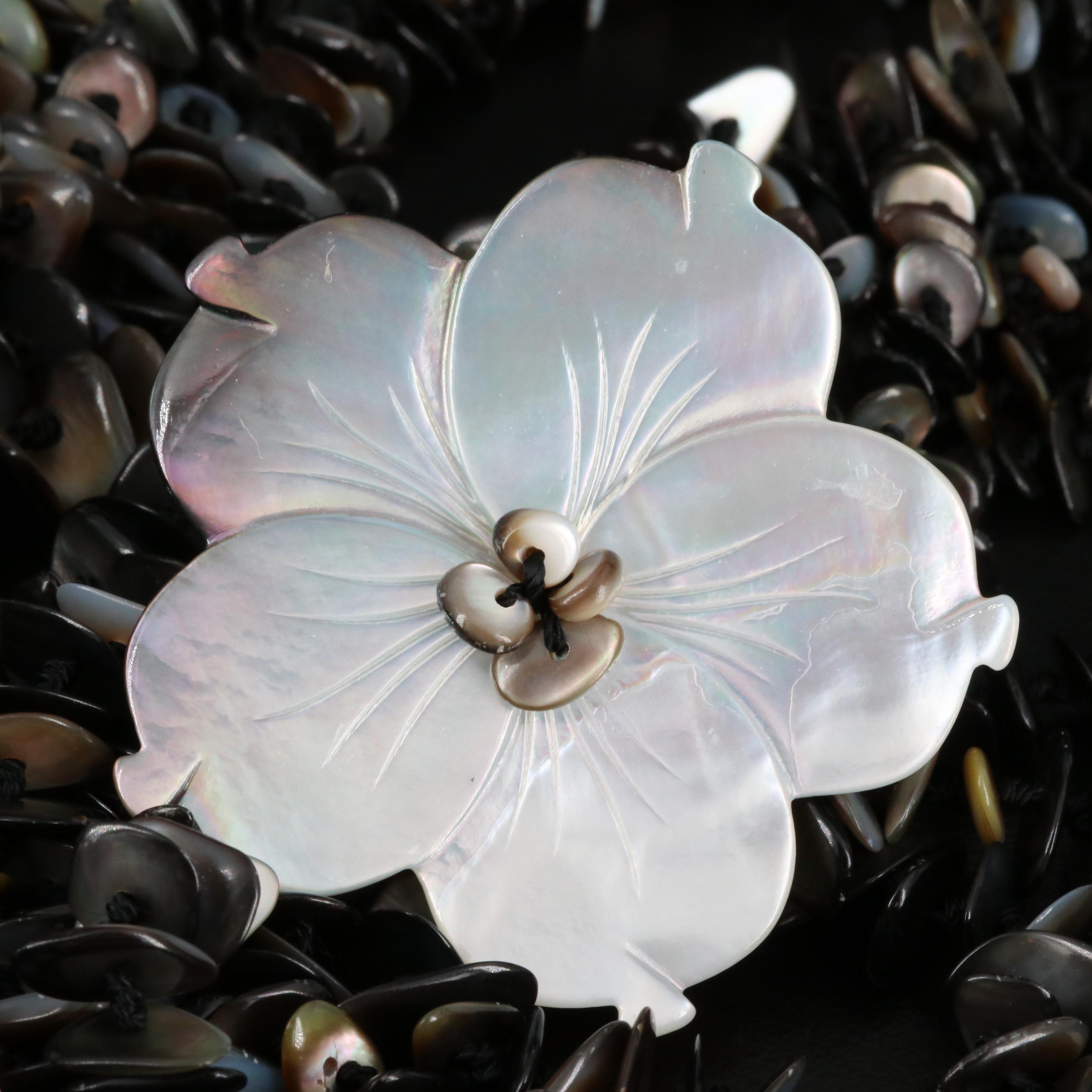 Multi-Strand Shell and Etched Mother Of Pearl Floral Motif Necklace