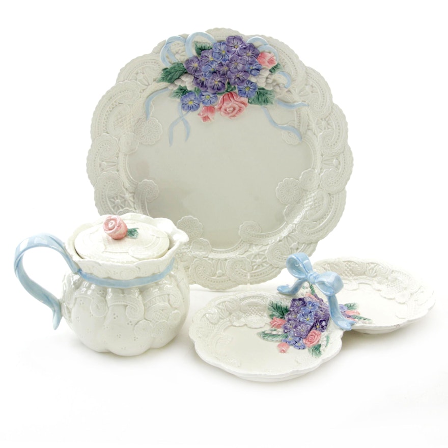 Fitz & Floyd "Victorian Lace" Ceramic Platter, Teapot, and Serving Dish