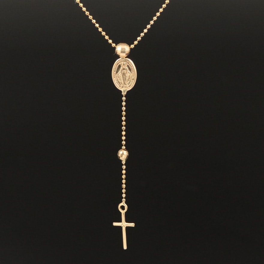 14K Gold Cross and Miraculous Medal Necklace