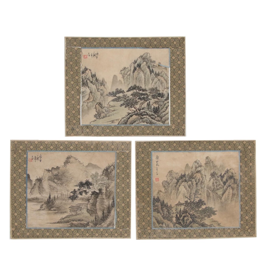 Chinese Ink and Watercolor Paintings of Mountain Landscapes, Mid-20th Century