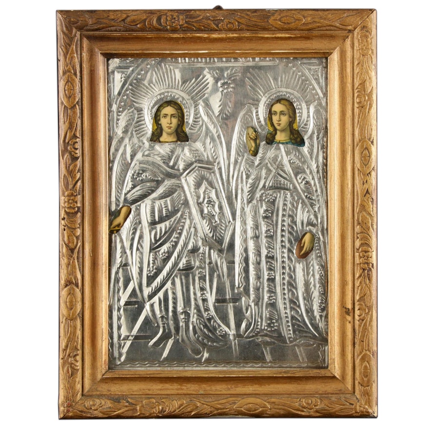 Framed Religious Offset Lithograph with Repoussé Cover