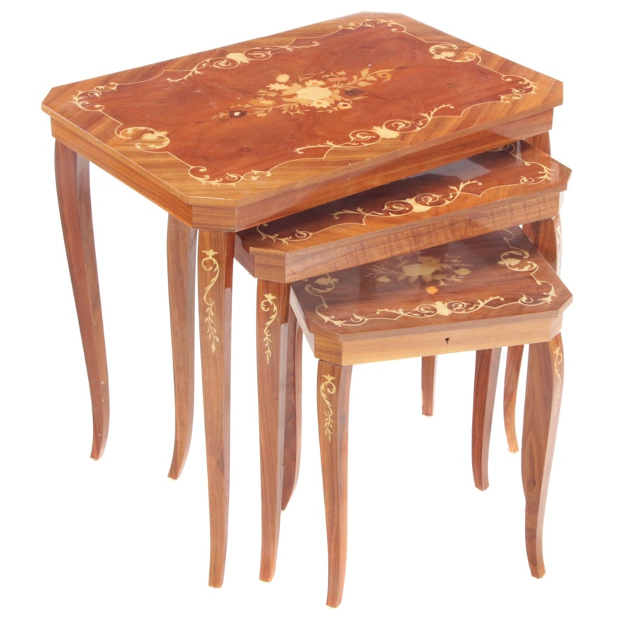 Three Italian Marquetry Graduated Side Tables, Mid to Late 20th Century