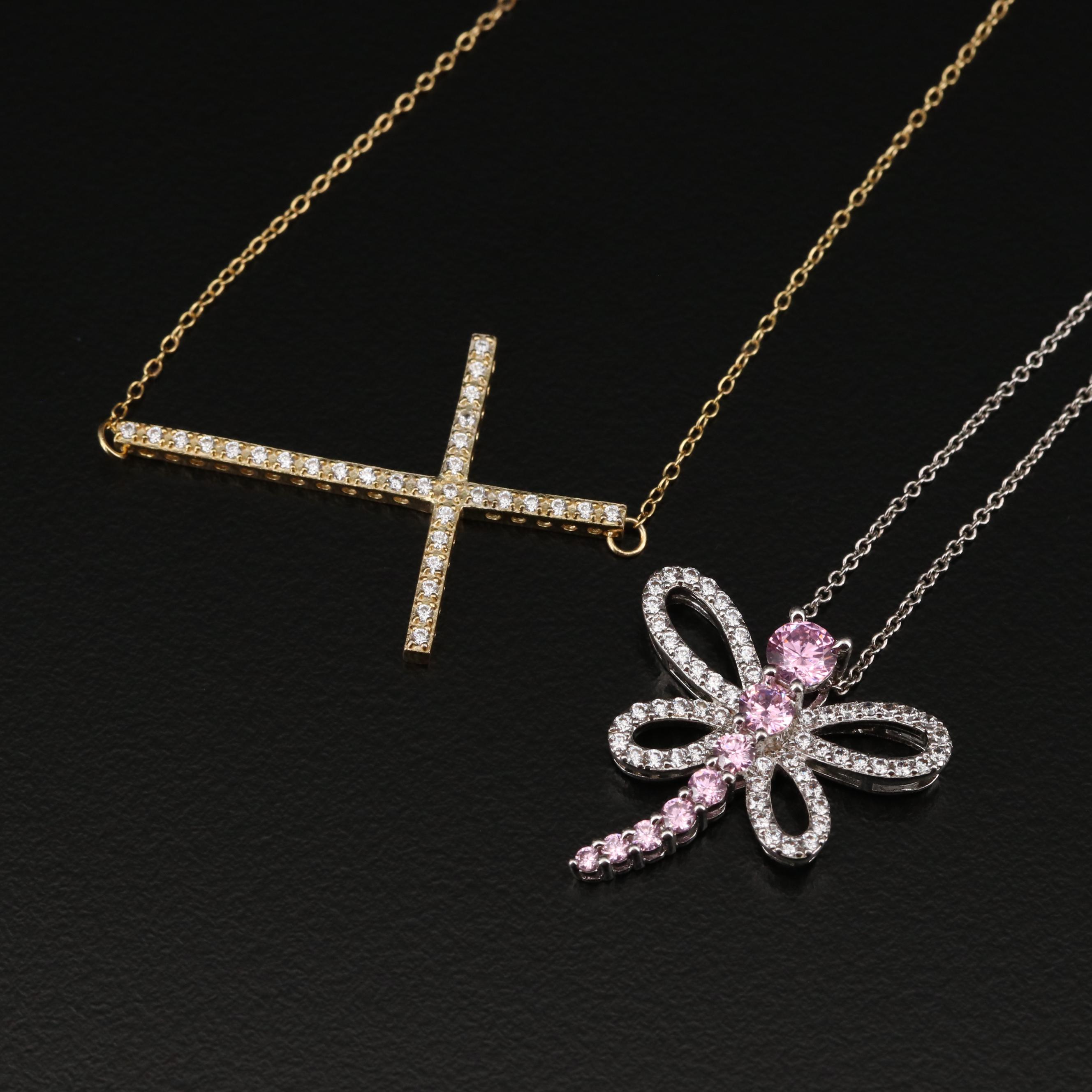 Collection of Sterling Silver Necklaces Including Cross and Dragonfly Pendants