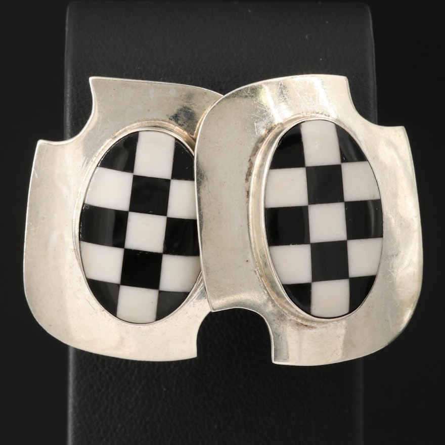 Sterling Silver Checkerboard Square Button Earrings