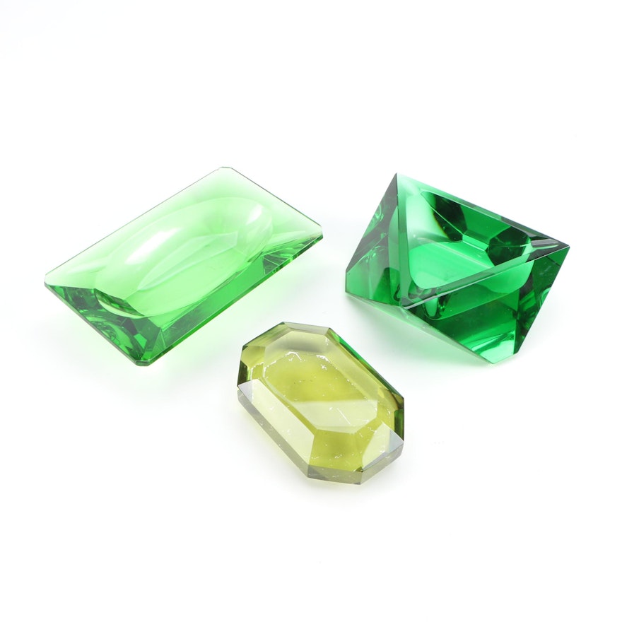 Faceted Green Art Glass Ashtrays with Gem Shaped Paperweight