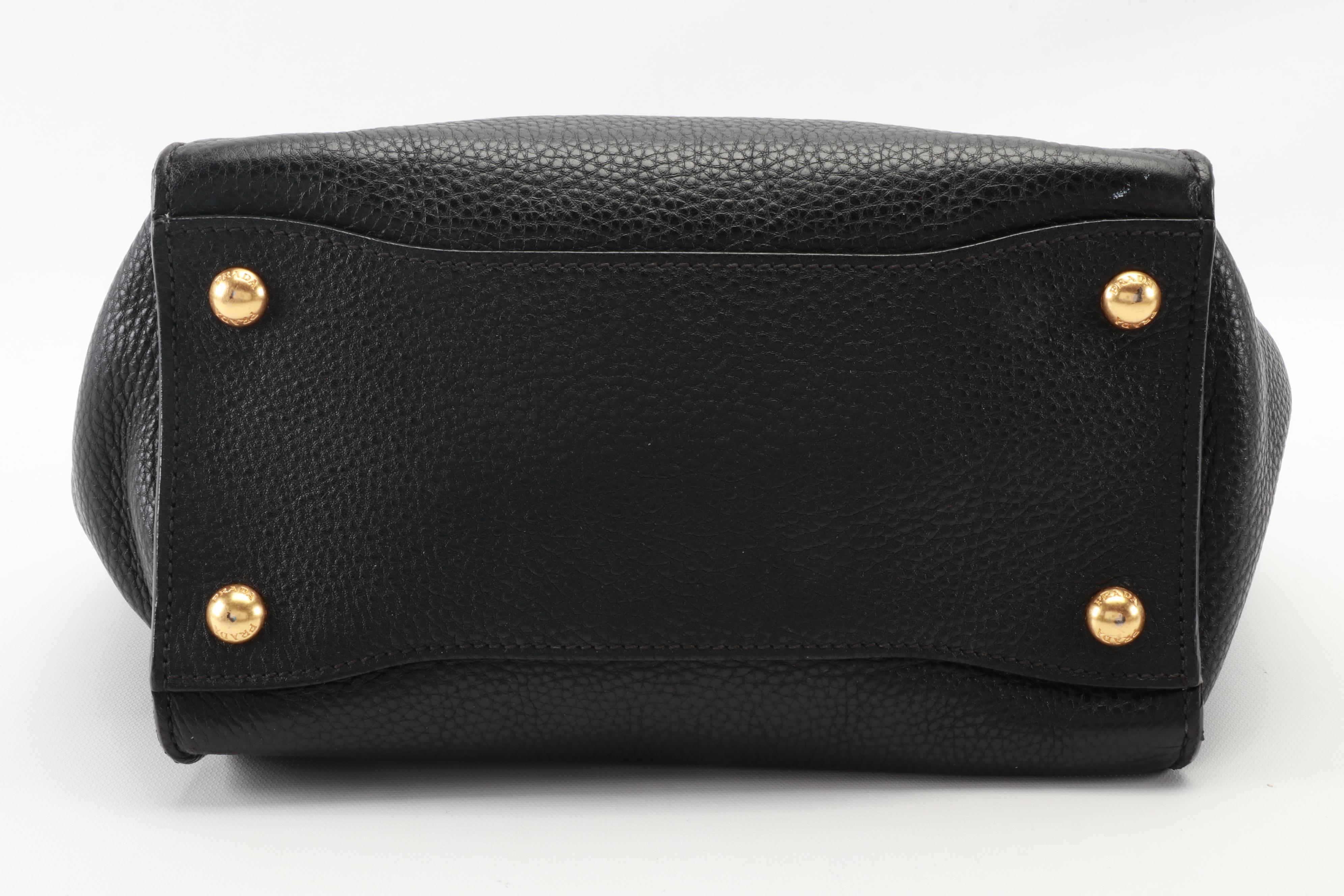 Prada Black Vitello Daino Pebbled Leather Push Lock Two-Way Satchel Bag