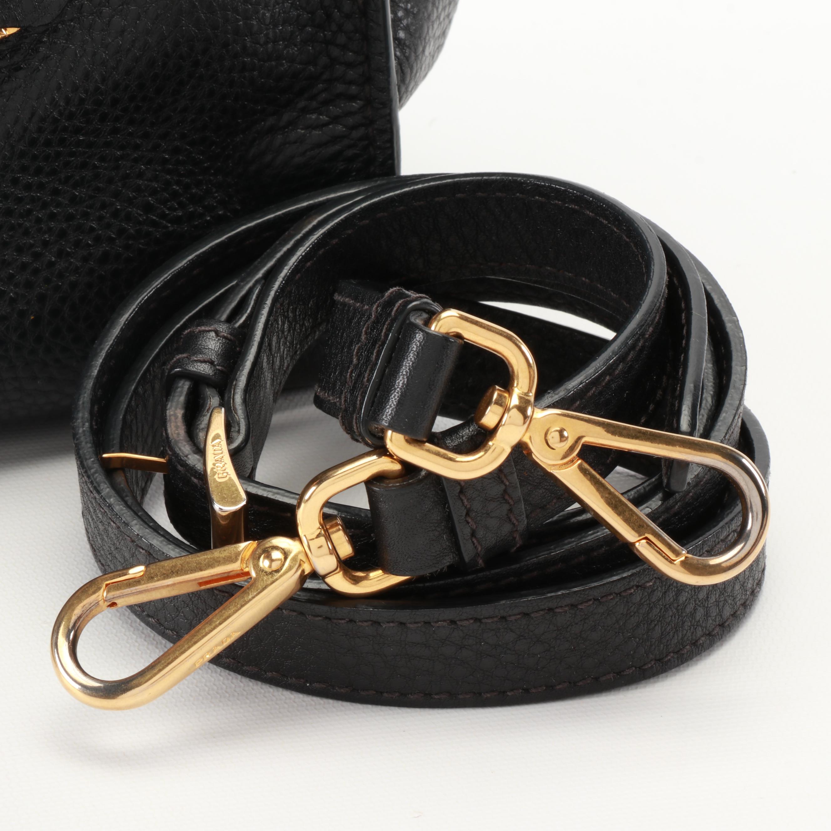 Prada Black Vitello Daino Pebbled Leather Push Lock Two-Way Satchel Bag