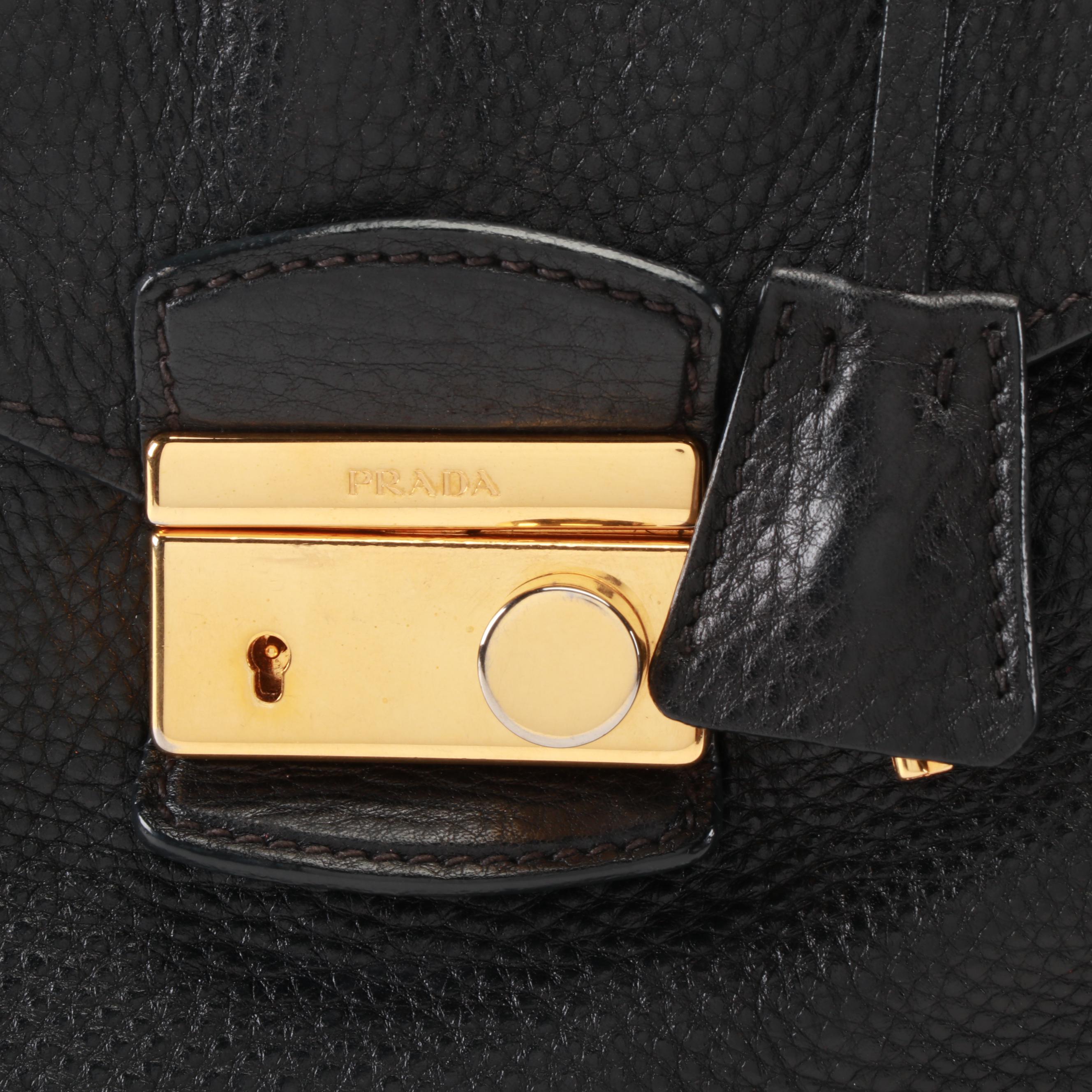 Prada Black Vitello Daino Pebbled Leather Push Lock Two-Way Satchel Bag