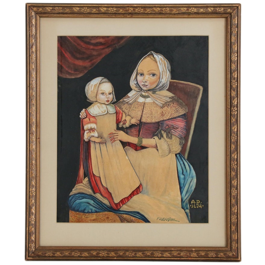 F. Bergère Gouache Painting of Mother and Child
