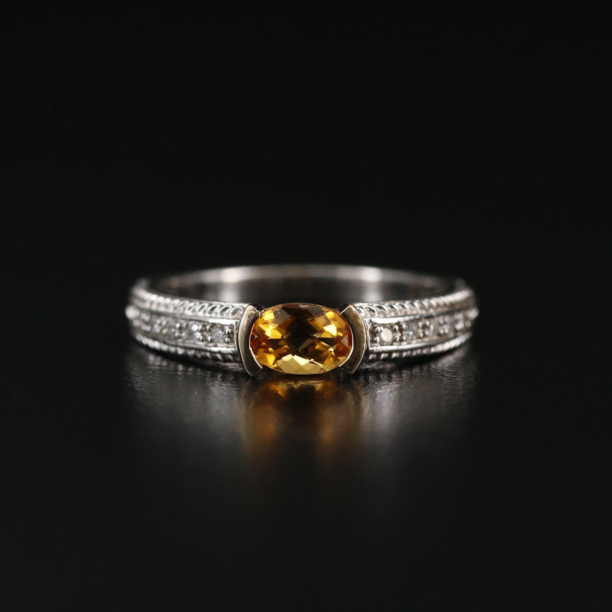 Sterling Silver Citrine and Diamond Ring with 14K Accent