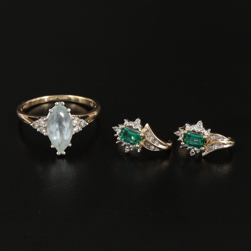 10K Gold Aquamarine and Diamond Ring with Emerald and Diamond Earrings