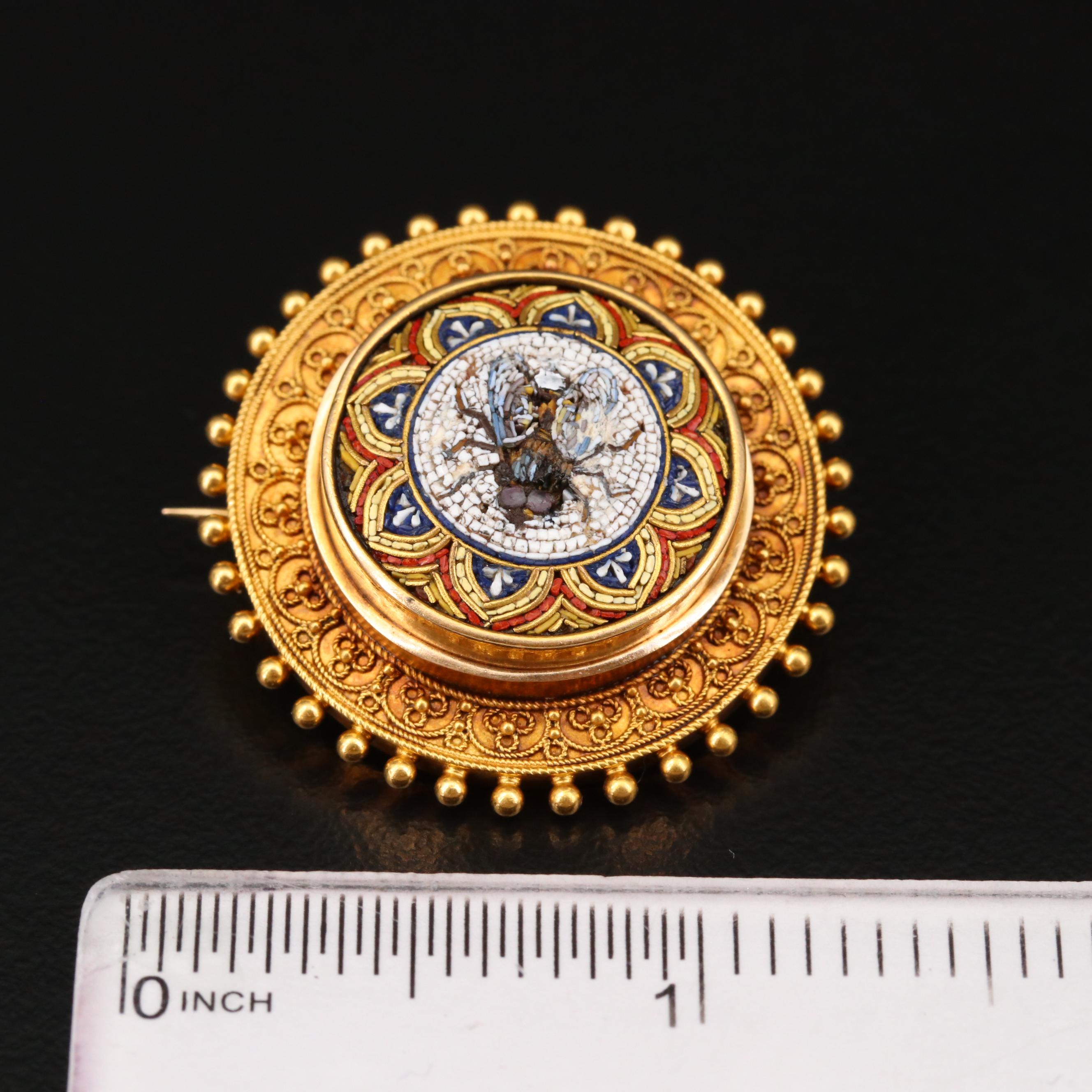 Circa 1870 Etruscan Revial 18K Micromosaic Bee Brooch