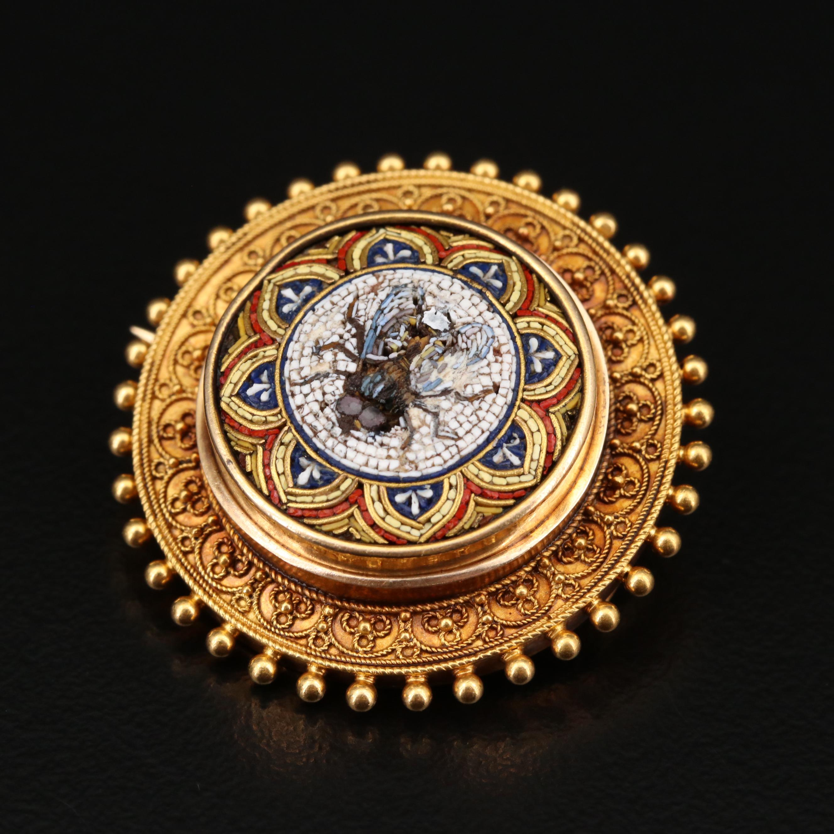 Circa 1870 Etruscan Revial 18K Micromosaic Bee Brooch