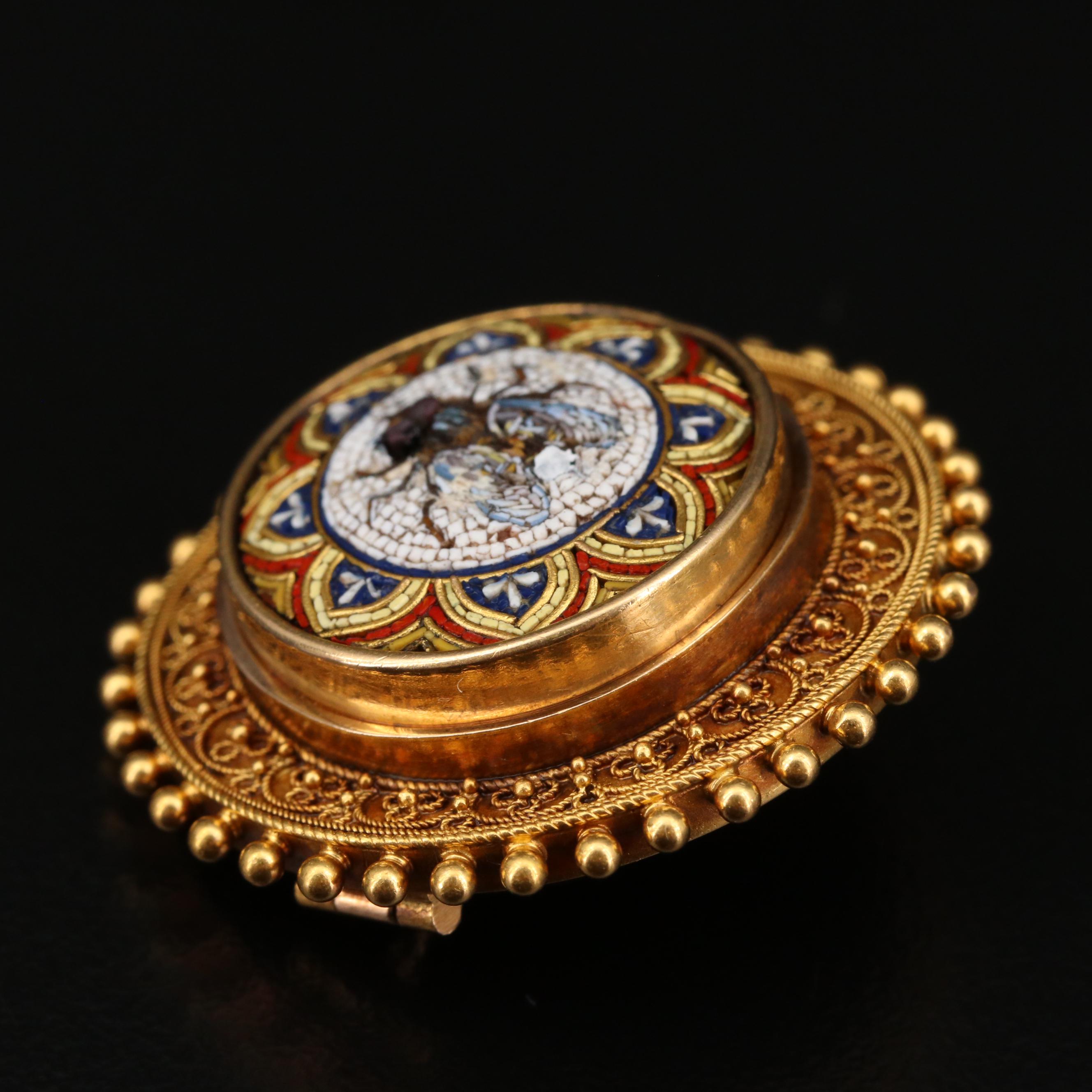 Circa 1870 Etruscan Revial 18K Micromosaic Bee Brooch