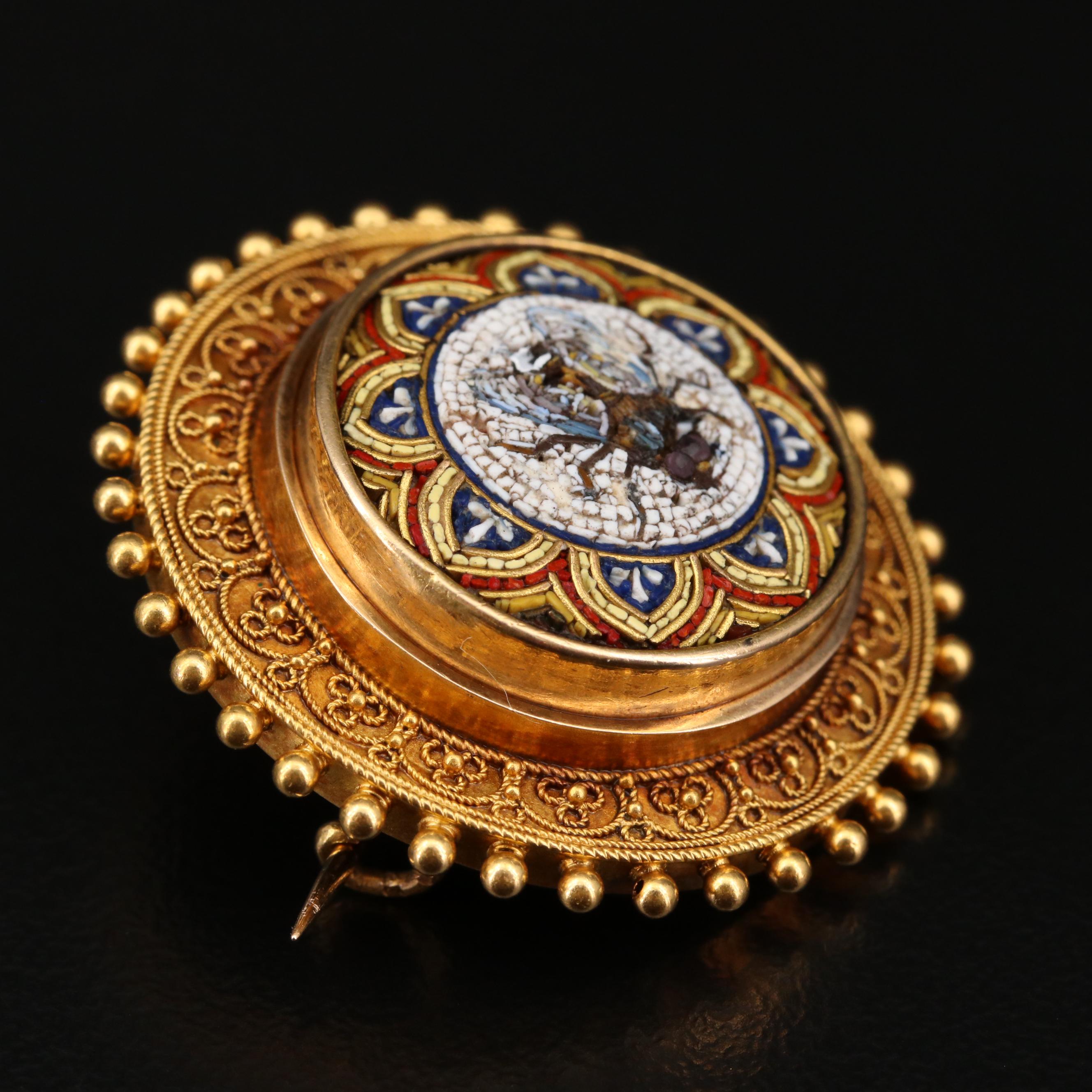 Circa 1870 Etruscan Revial 18K Micromosaic Bee Brooch
