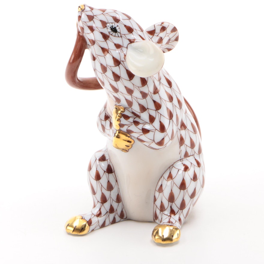 Herend Chocolate Fishnet with Gold "Mouse Eating Tail" Porcelain Figurine