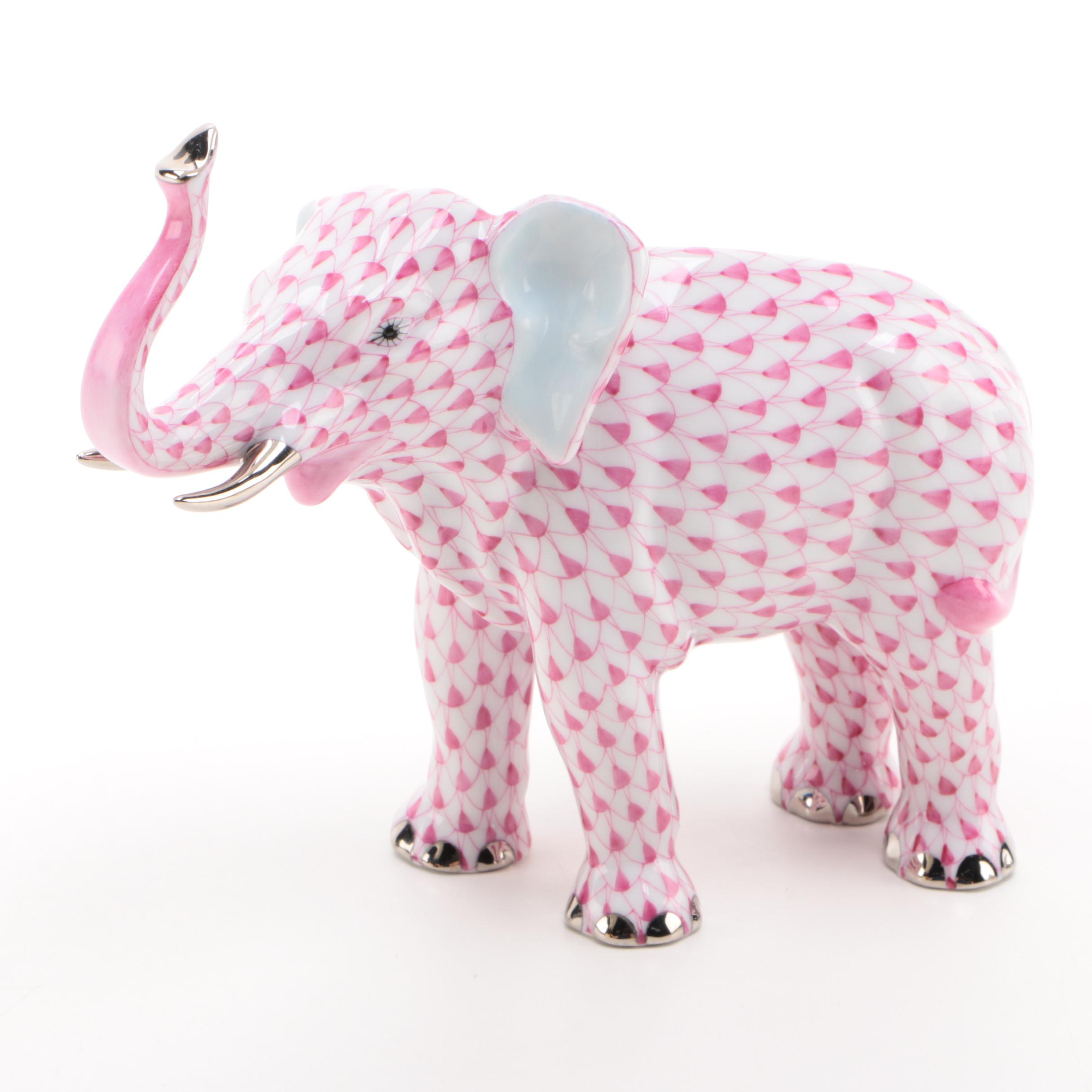 Herend Raspberry Fishnet with Platinum "Elephant Luck" Porcelain Figurine