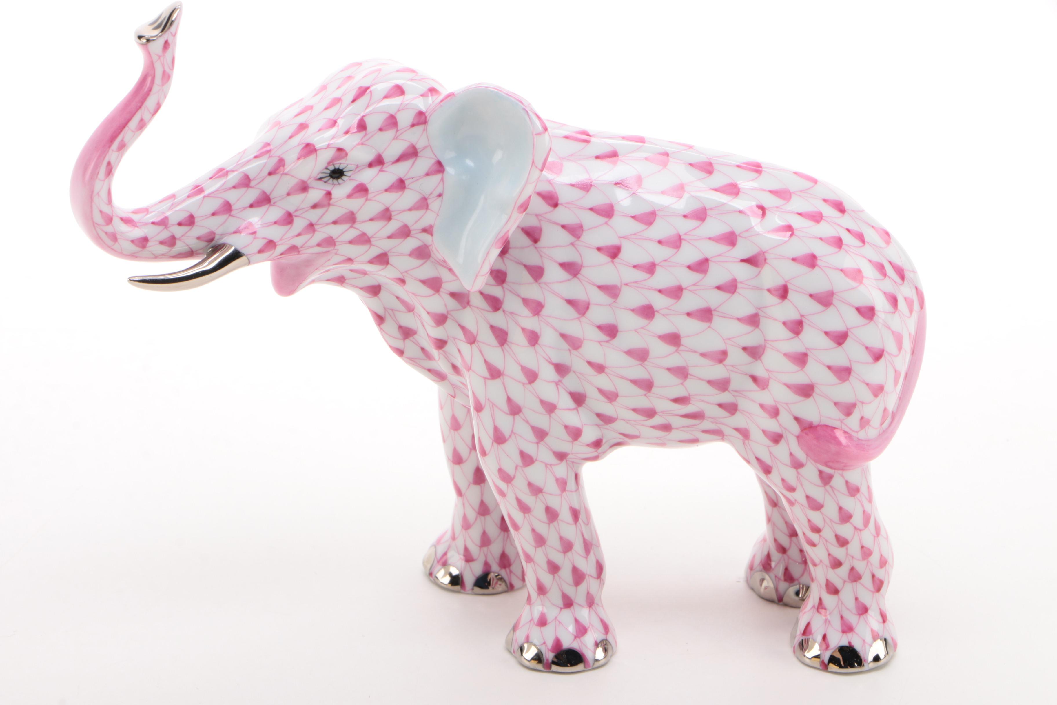 Herend Raspberry Fishnet with Platinum "Elephant Luck" Porcelain Figurine