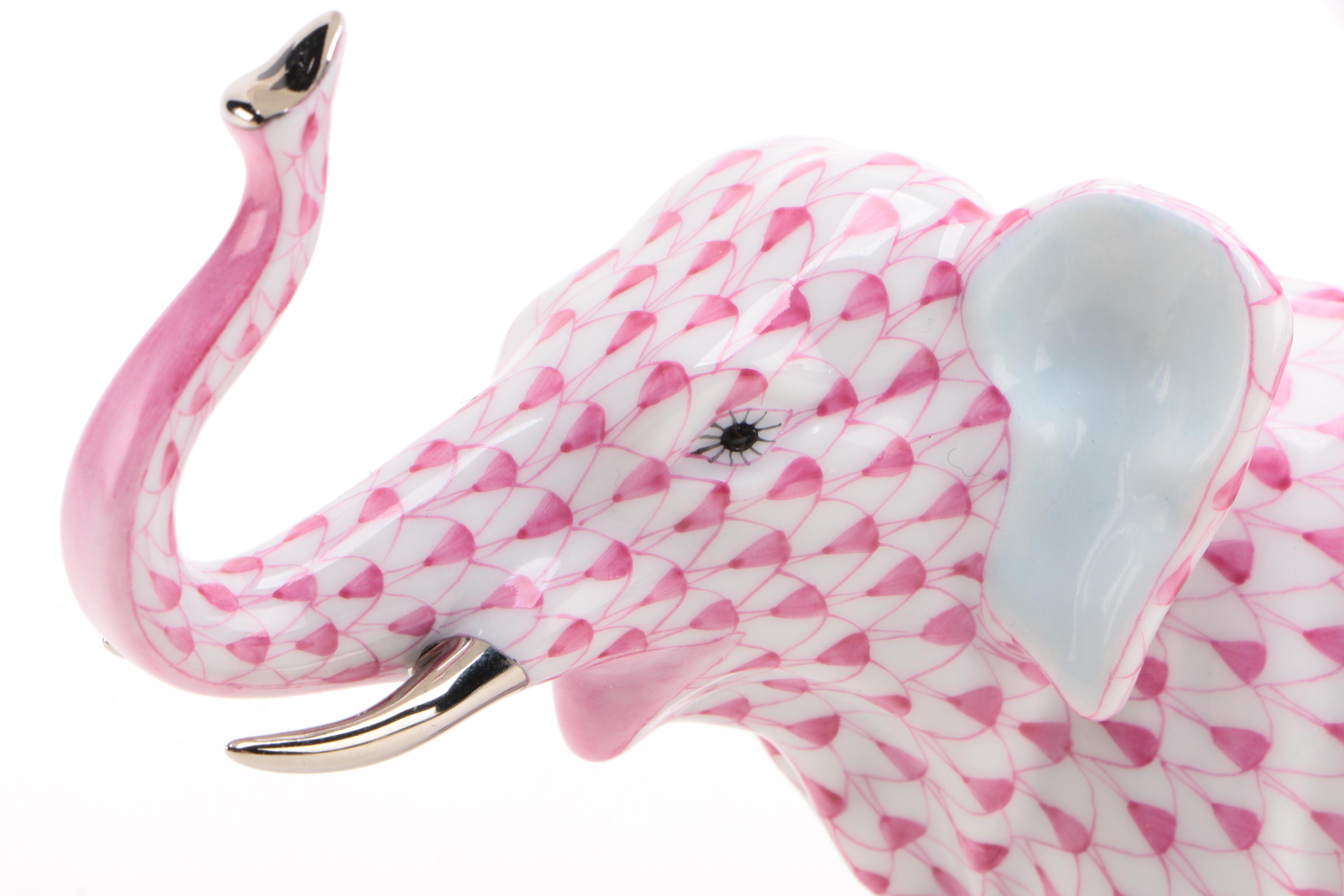 Herend Raspberry Fishnet with Platinum "Elephant Luck" Porcelain Figurine