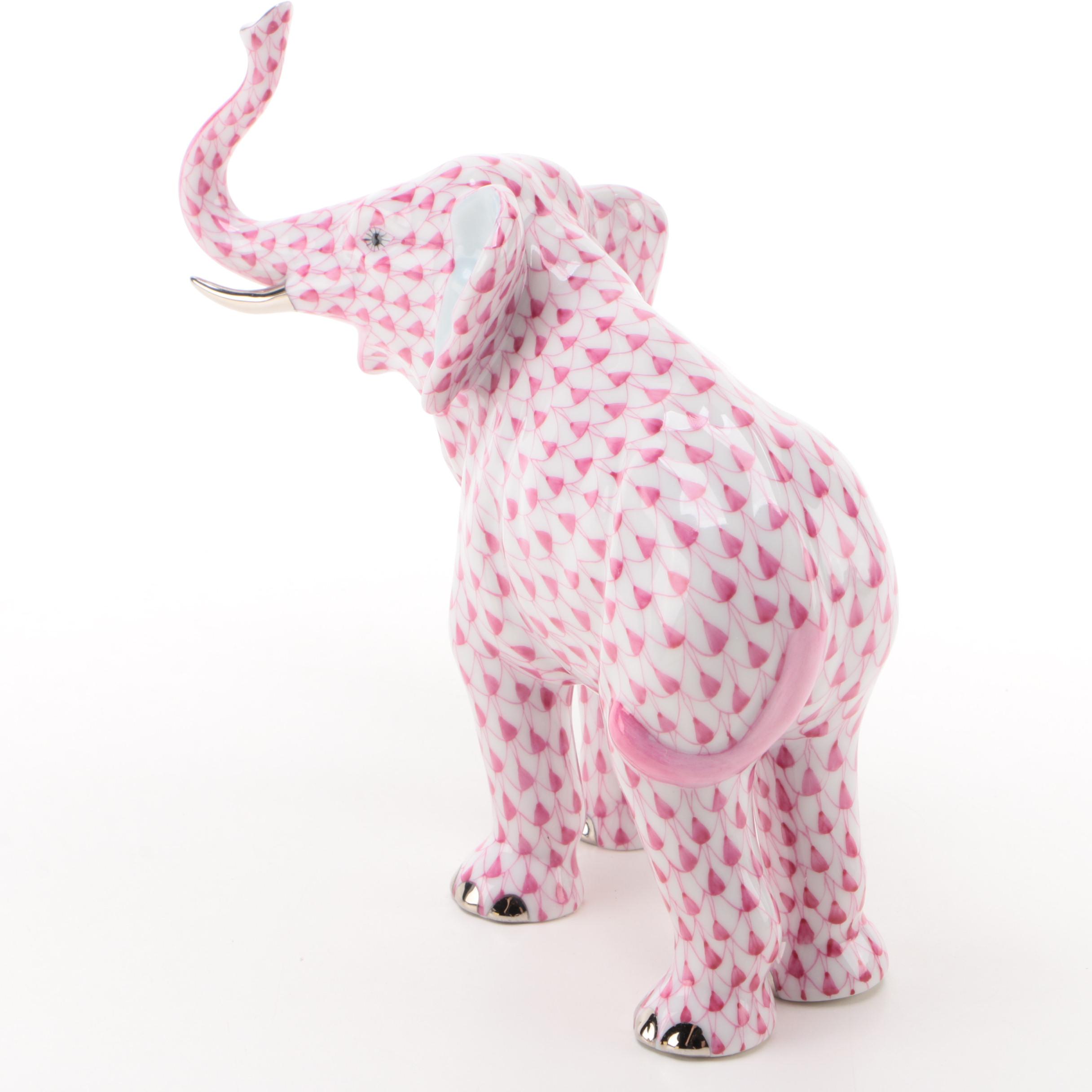 Herend Raspberry Fishnet with Platinum "Elephant Luck" Porcelain Figurine