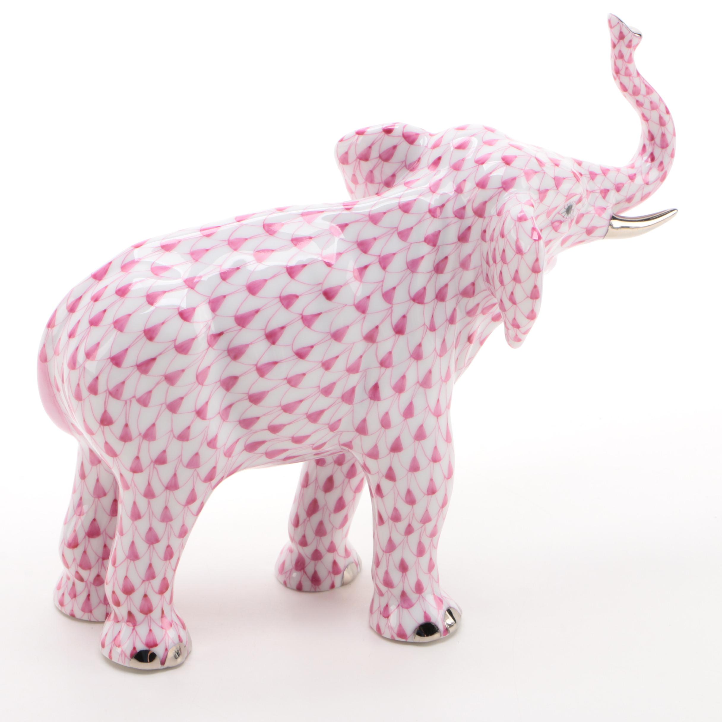 Herend Raspberry Fishnet with Platinum "Elephant Luck" Porcelain Figurine