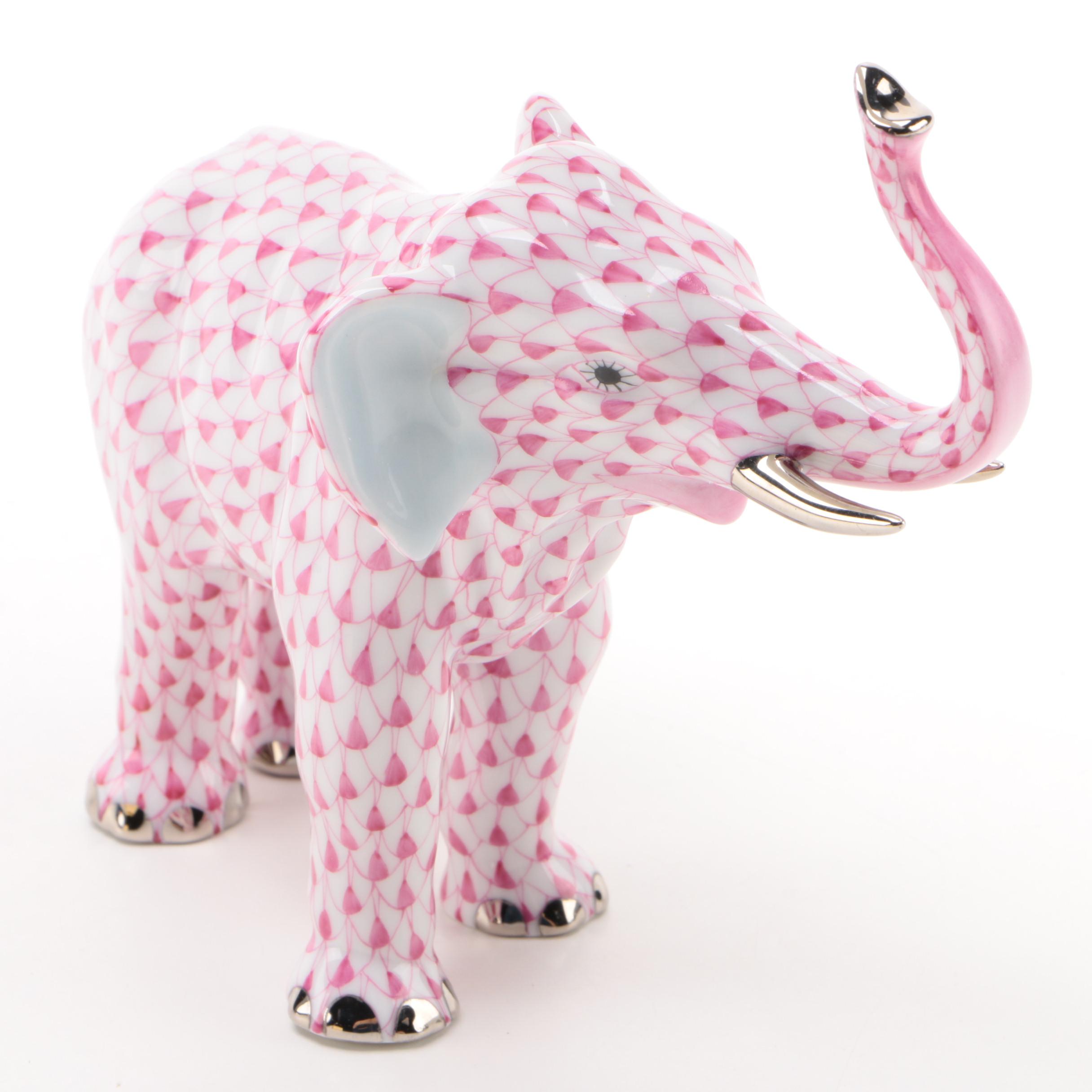 Herend Raspberry Fishnet with Platinum "Elephant Luck" Porcelain Figurine