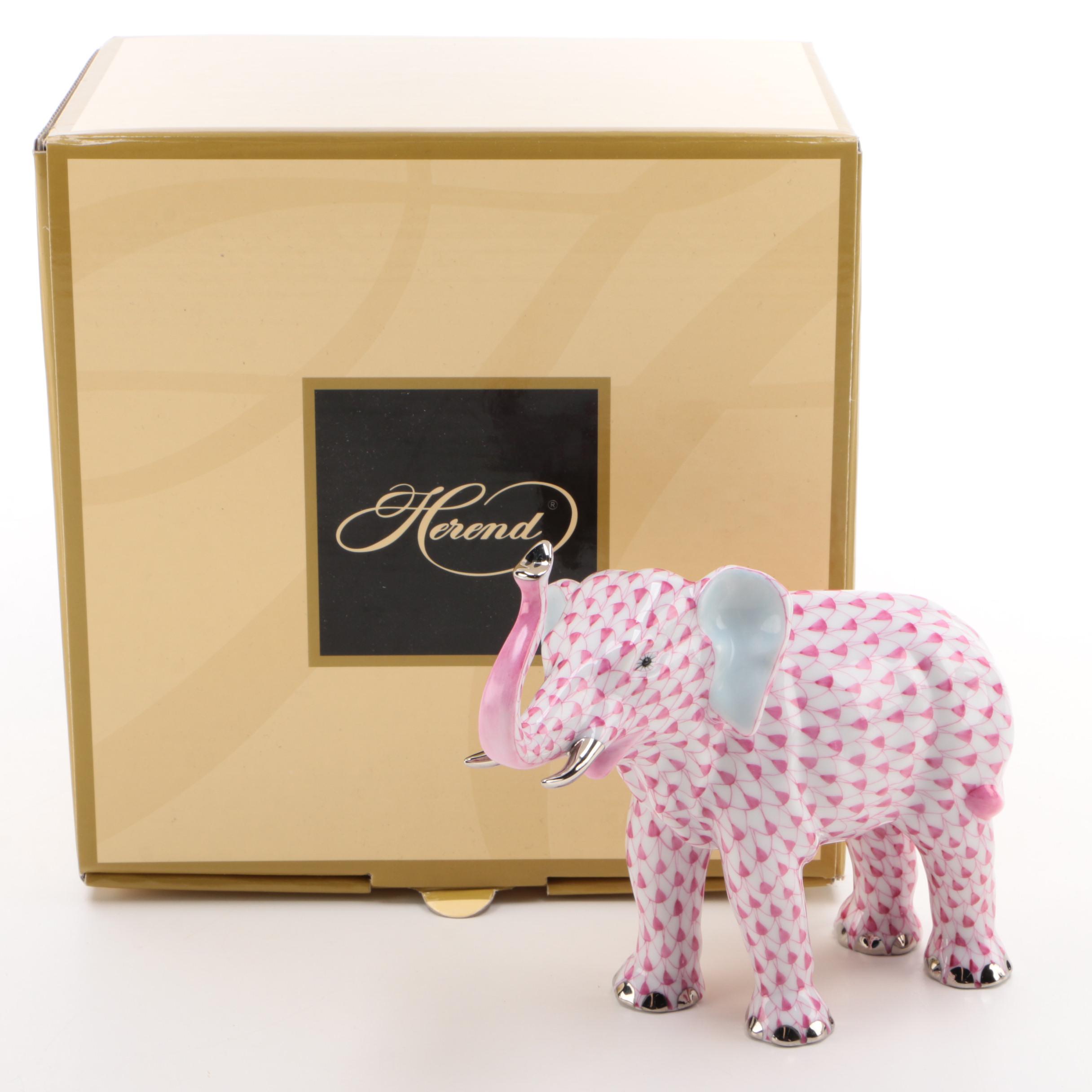 Herend Raspberry Fishnet with Platinum "Elephant Luck" Porcelain Figurine