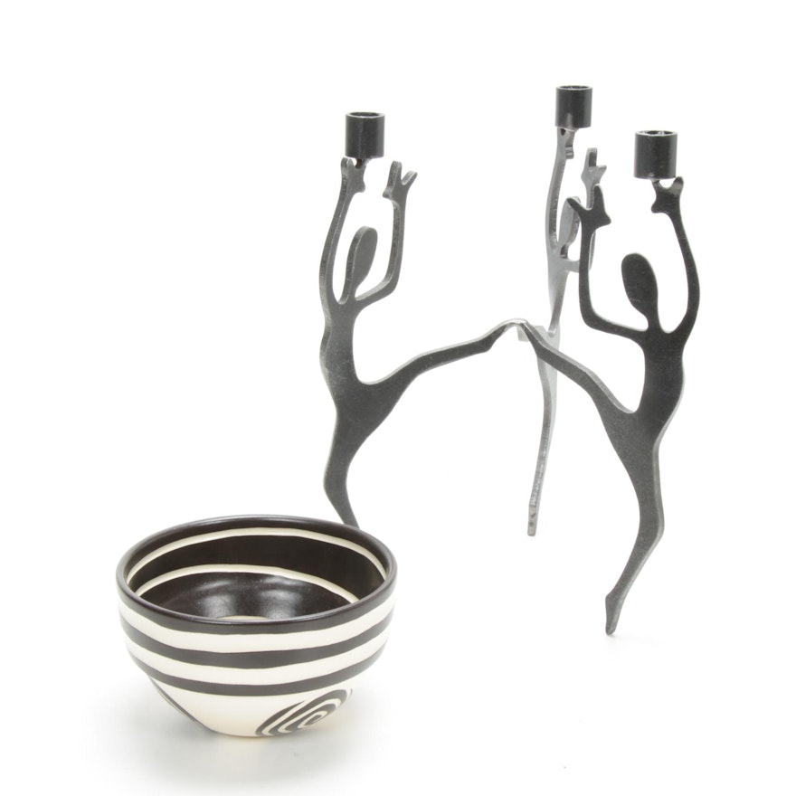 Abstract Metal Figural Candle Holder and Bowl