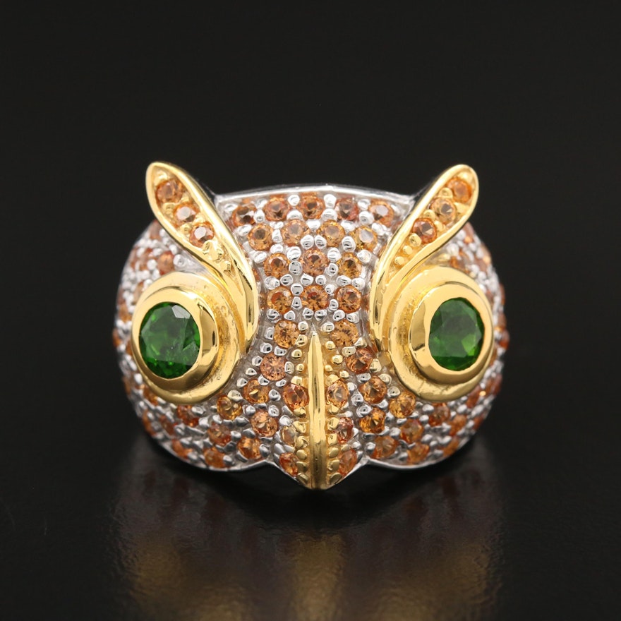 Sterling Diopside and Fancy Sapphire Owl Ring