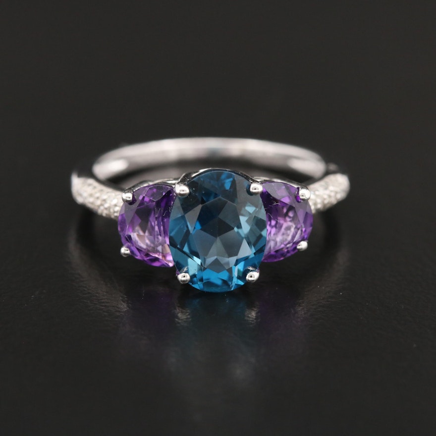 Sterling Topaz, Amethyst and Diamond Ring